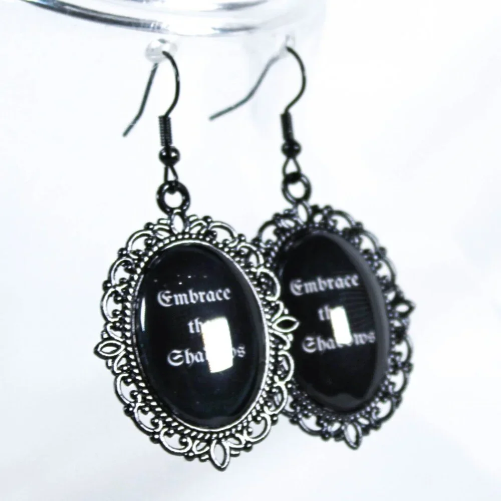 Gothic Quote Earrings – “Embrace the Shadows” Black Cameo Jewelry